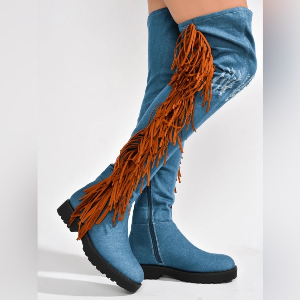 CAPE ROBBIN 🔥Women's  Fringe Suede Thigh High Denim Boots - ❣️BRAND NEW IN BOX❣️